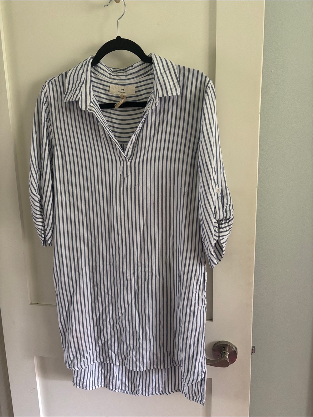 Thread & Supply White and Blue Vertical Stripe Button-Down Tunic